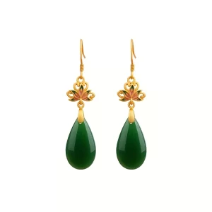 1 pair of antique earrings with flowers and water droplets, gold with dark green, exquisite and elegant Chinese accessories. - 图片 3