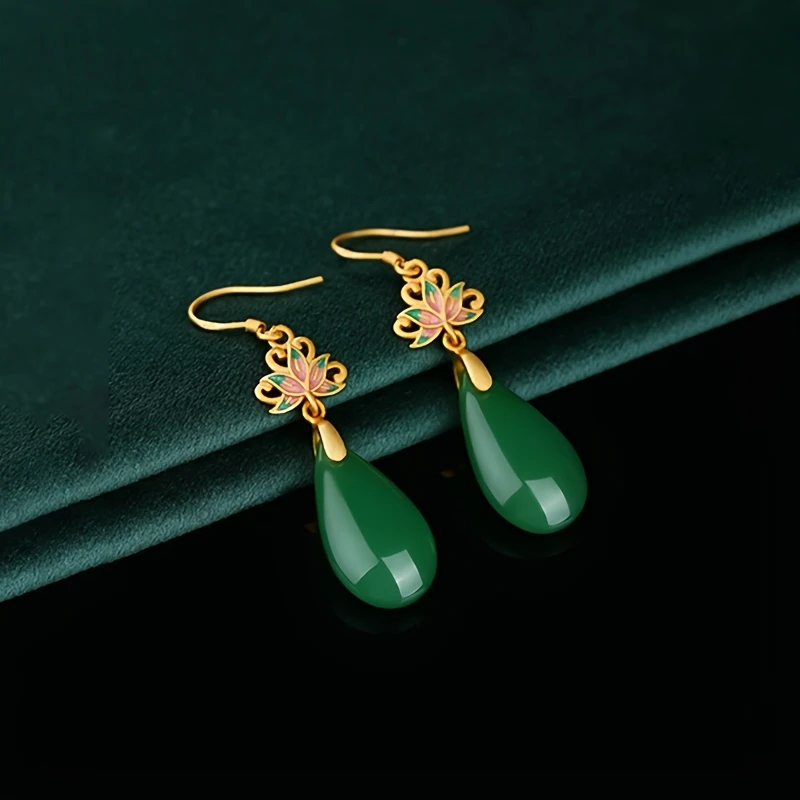 1 pair of antique earrings with flowers and water droplets, gold with dark green, exquisite and elegant Chinese accessories.