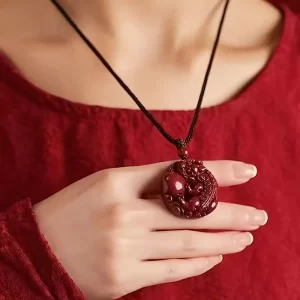 Elegant red cinnabar Pixiu guardian lion pendant necklace，Hand-carved cinnabar and lion jewelry - 图片 2