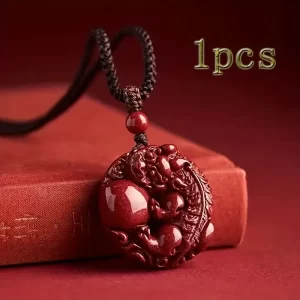 Elegant red cinnabar Pixiu guardian lion pendant necklace，Hand-carved cinnabar and lion jewelry