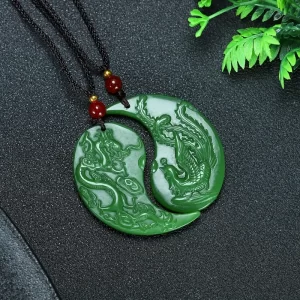 Elegant Natural Stone Dragon & Phoenix Pendant Necklace
